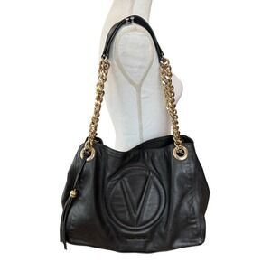 Valentino Black Leather V Logo Chain Shoulder Bag Made in Italy
